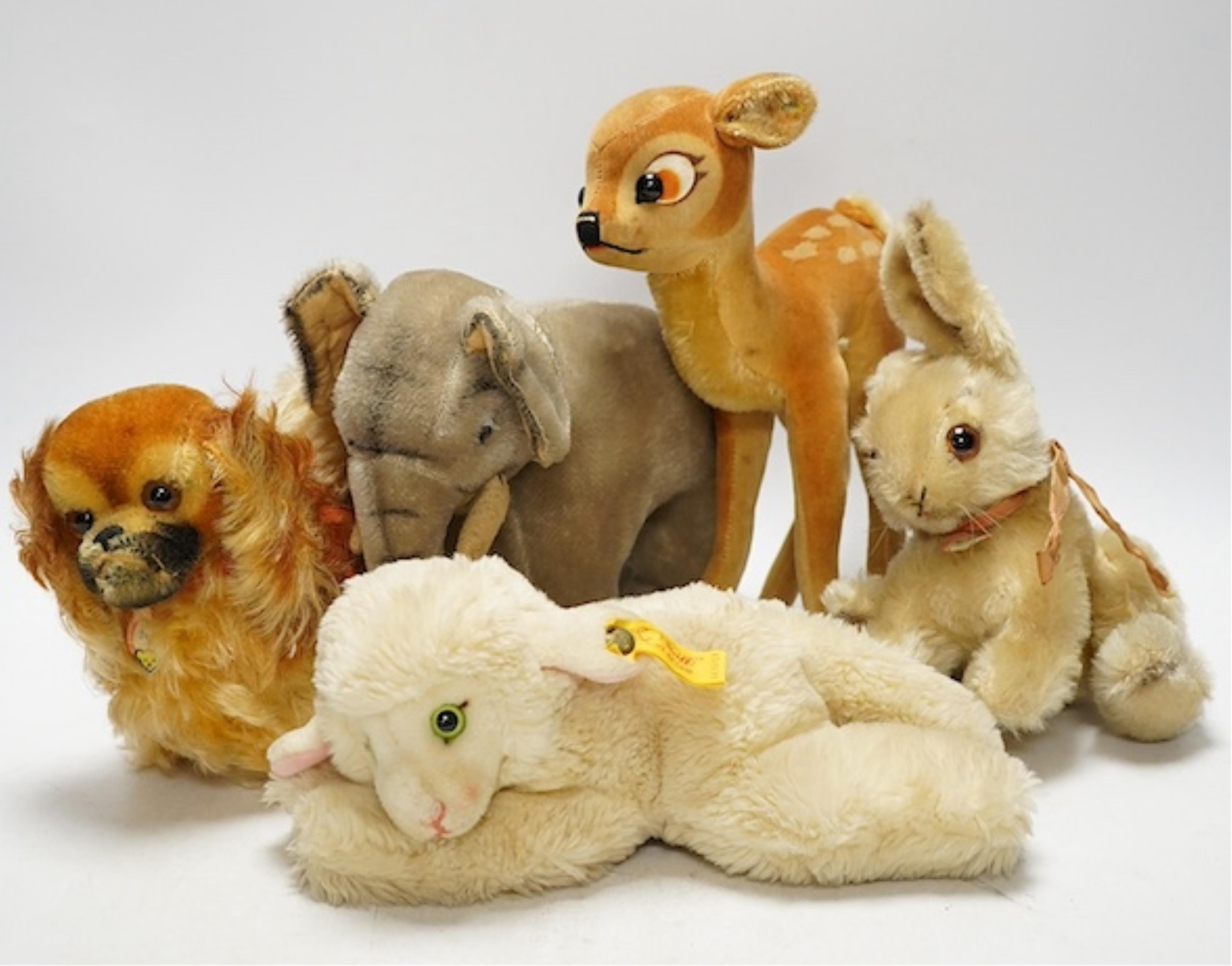 Five Steiff yellow tag animals including a 'Peky', a lamb and a rabbit. Condition - fair